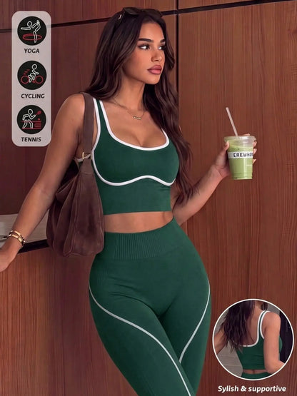 Women'S 2-Piece Sporty Yoga Set, Seamless Design, Breathable Sports Tank Top, High-Waisted Leggings, Ideal for Yoga, Running, and Workouts, Gym Workout Sets