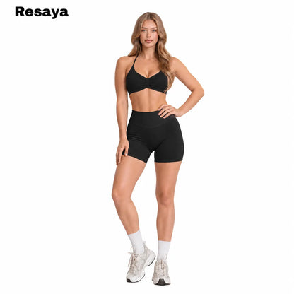 Resaya Women'S 2-Piece Seamless Sports Set - Open Back Halter Neck Snug Support Bra and BBL Booty Biker Shorts, Workout Sets Women, Sohochic