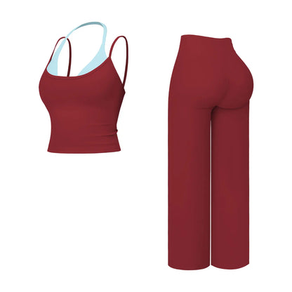 Women'S 2-Piece Color-Block Halter Athletic Set - Sleeveless Yoga Tank Top with Thin Straps, Open Back, Built-In Bra Pads, High-Waisted Butt-Lifting Wide-Leg Long Pants for Female All-Season Workout & Yoga Wear