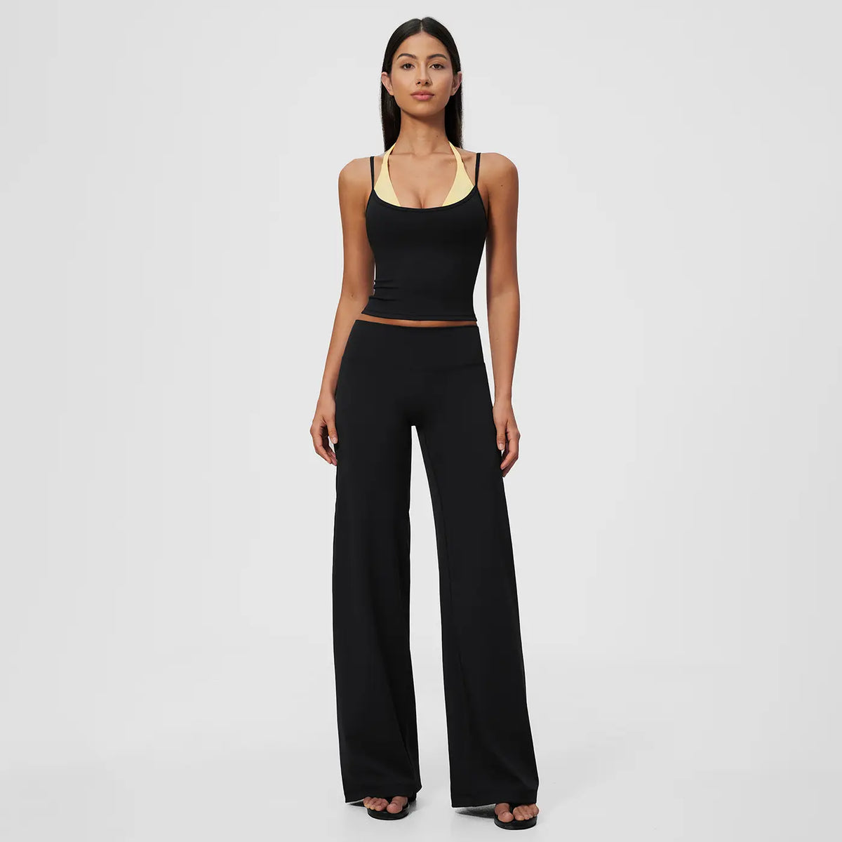 Women'S 2-Piece Color-Block Halter Athletic Set - Sleeveless Yoga Tank Top with Thin Straps, Open Back, Built-In Bra Pads, High-Waisted Butt-Lifting Wide-Leg Long Pants for Female All-Season Workout & Yoga Wear