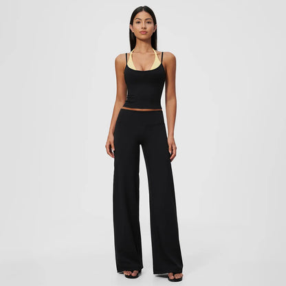 Women'S 2-Piece Color-Block Halter Athletic Set - Sleeveless Yoga Tank Top with Thin Straps, Open Back, Built-In Bra Pads, High-Waisted Butt-Lifting Wide-Leg Long Pants for Female All-Season Workout & Yoga Wear