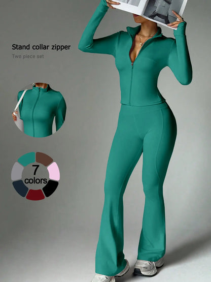2 Piece Set Women'S Activewear Set, Full Zipper Stand Collar Long Sleeve Jacket with Thumbholes, High‑Waisted Flared Pants, Versatile New Sportswear for Yoga, Gym, Running and Daily Casual Wear, Stylish Casual Tracksuit