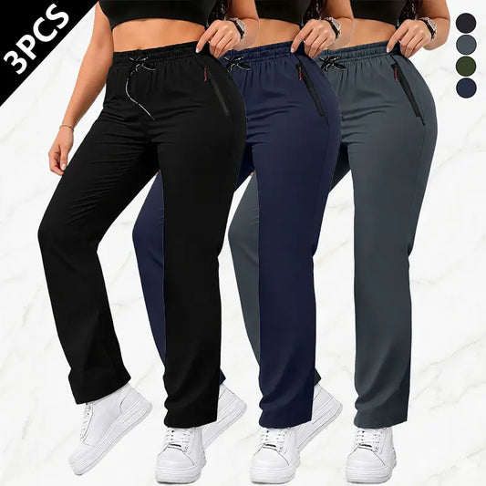 Pack of 3. Women’S Fashion Solid-Color Athletic Pants Featuring a Drawstring Waist and Zippered Pockets; Zippered Pocket Design Suitable for Outdoor Sports and Everyday Outdoor Wear for Women.Summervibes