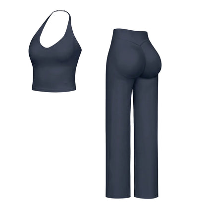 Women’S 2-Piece Plain Sleeveless Crop Top & Flare Leg Pants Set - Nylon Knit 4-Way Soft Stretch Activewear, Breathable Casual Sportswear Outfit, Fitted Yoga Set for Gym & Home Wear, OL Style Pullover