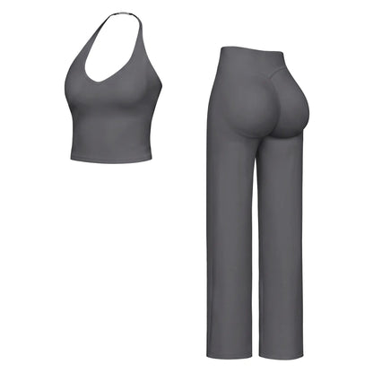 Women’S 2-Piece Plain Sleeveless Crop Top & Flare Leg Pants Set - Nylon Knit 4-Way Soft Stretch Activewear, Breathable Casual Sportswear Outfit, Fitted Yoga Set for Gym & Home Wear, OL Style Pullover