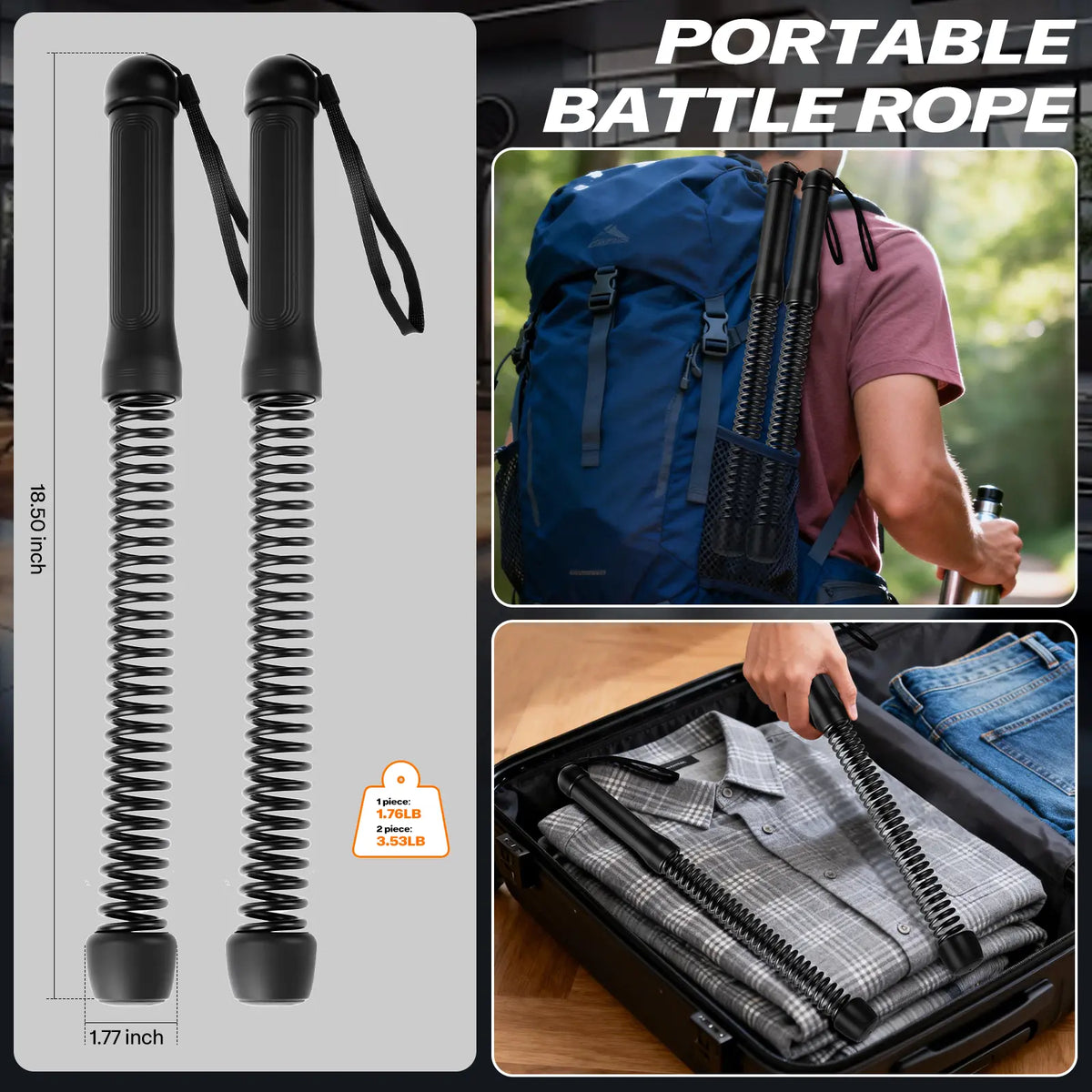 Cordless Battle Ropes with Adjustable Resistance Springs - Weighted Ropeless Battle Rope for Home Gym Exercise, Portable Workout Equipment for Strength Training & Cardio Fitness