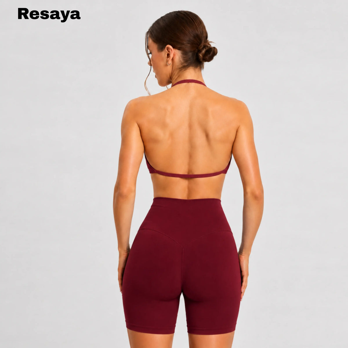 Resaya Women'S 2-Piece Seamless Sports Set - Open Back Halter Neck Snug Support Bra and BBL Booty Biker Shorts, Workout Sets Women, Sohochic