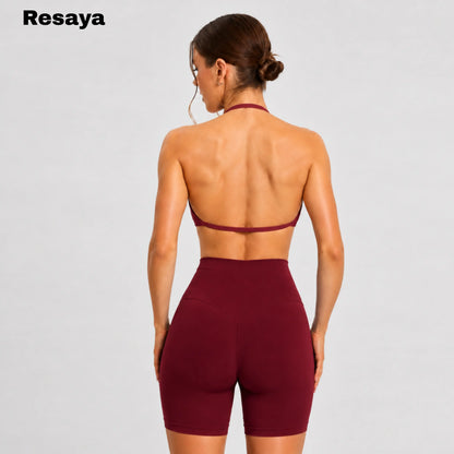 Resaya Women'S 2-Piece Seamless Sports Set - Open Back Halter Neck Snug Support Bra and BBL Booty Biker Shorts, Workout Sets Women, Sohochic