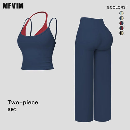 Women'S 2-Piece Color-Block Halter Athletic Set - Sleeveless Yoga Tank Top with Thin Straps, Open Back, Built-In Bra Pads, High-Waisted Butt-Lifting Wide-Leg Long Pants for Female All-Season Workout & Yoga Wear