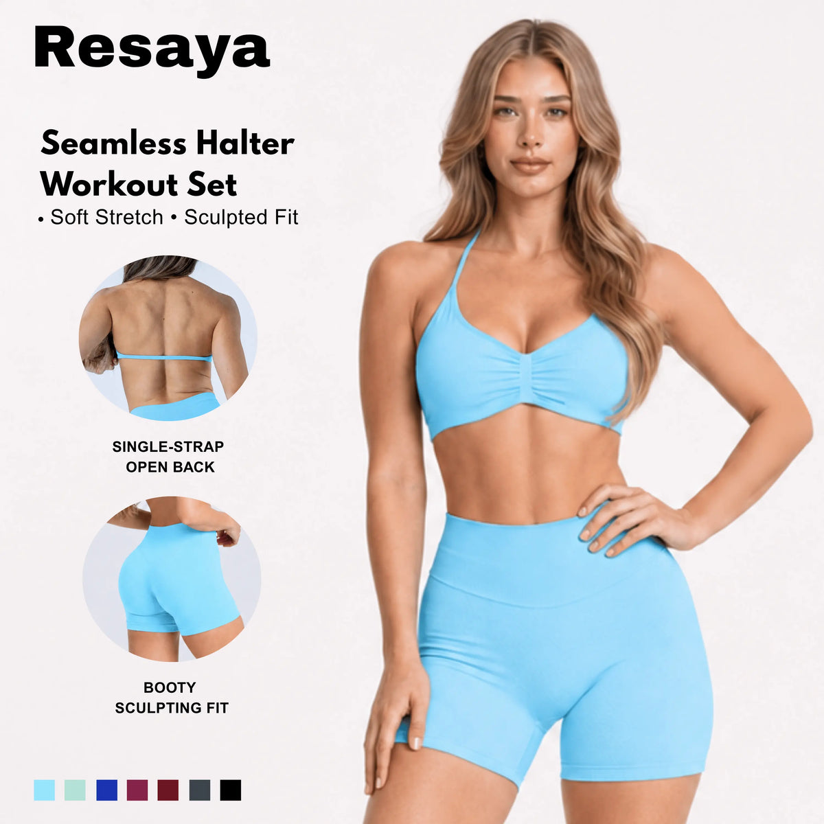 Resaya Women'S 2-Piece Seamless Sports Set - Open Back Halter Neck Snug Support Bra and BBL Booty Biker Shorts, Workout Sets Women, Sohochic