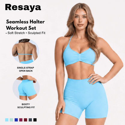 Resaya Women'S 2-Piece Seamless Sports Set - Open Back Halter Neck Snug Support Bra and BBL Booty Biker Shorts, Workout Sets Women, Sohochic