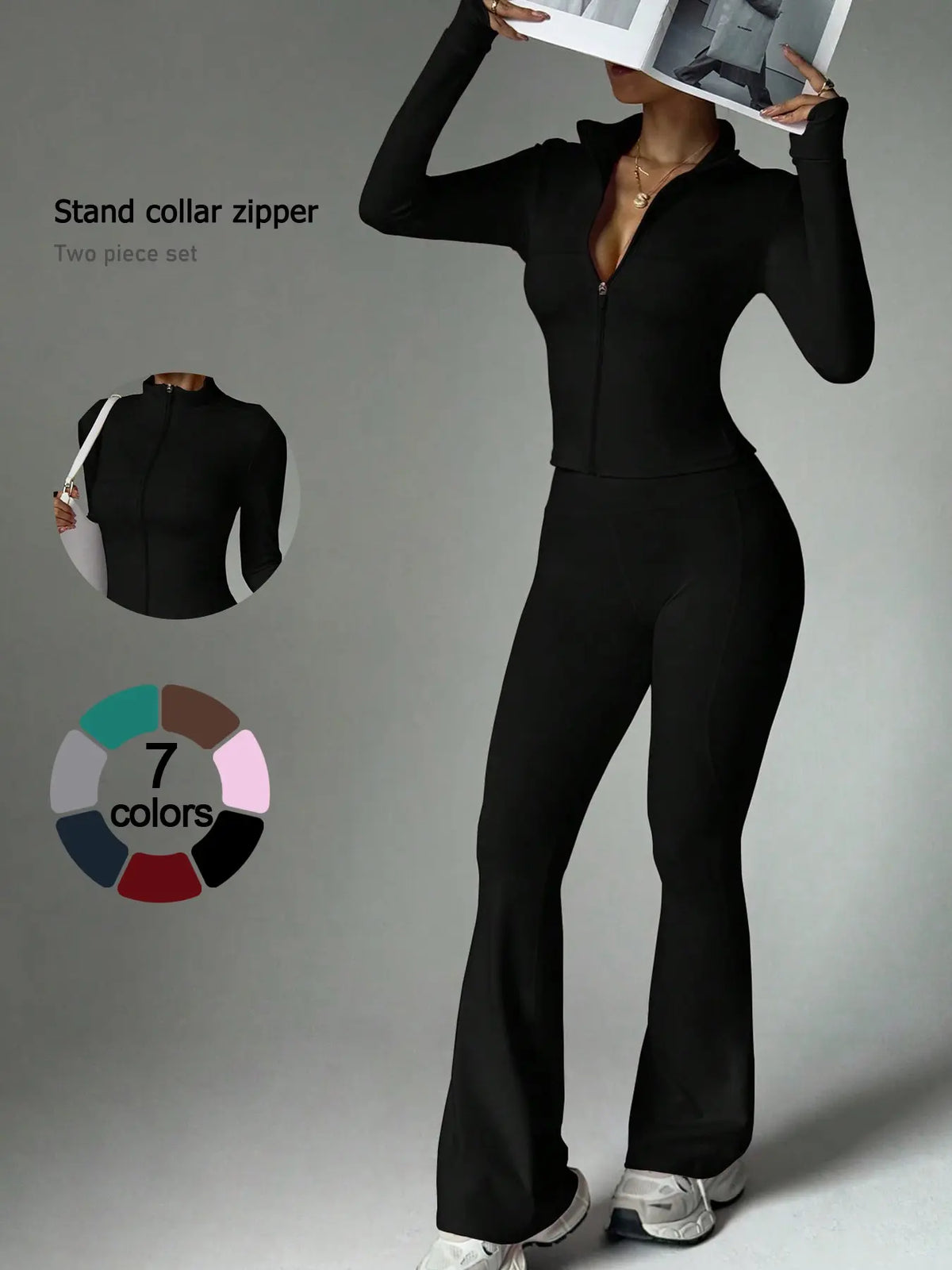 2 Piece Set Women'S Activewear Set, Full Zipper Stand Collar Long Sleeve Jacket with Thumbholes, High‑Waisted Flared Pants, Versatile New Sportswear for Yoga, Gym, Running and Daily Casual Wear, Stylish Casual Tracksuit