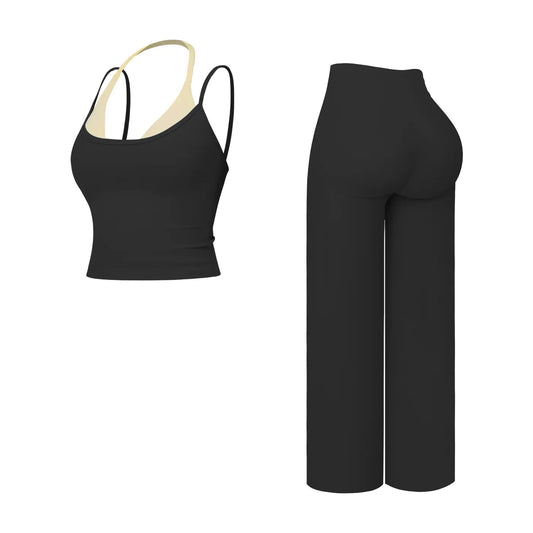 Women'S 2-Piece Color-Block Halter Athletic Set - Sleeveless Yoga Tank Top with Thin Straps, Open Back, Built-In Bra Pads, High-Waisted Butt-Lifting Wide-Leg Long Pants for Female All-Season Workout & Yoga Wear