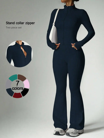 2 Piece Set Women'S Activewear Set, Full Zipper Stand Collar Long Sleeve Jacket with Thumbholes, High‑Waisted Flared Pants, Versatile New Sportswear for Yoga, Gym, Running and Daily Casual Wear, Stylish Casual Tracksuit