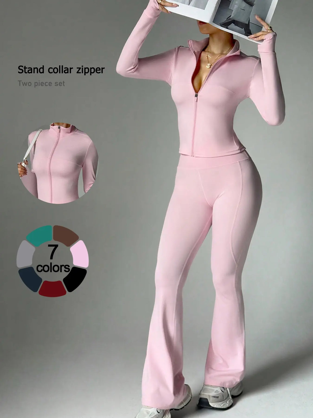 2 Piece Set Women'S Activewear Set, Full Zipper Stand Collar Long Sleeve Jacket with Thumbholes, High‑Waisted Flared Pants, Versatile New Sportswear for Yoga, Gym, Running and Daily Casual Wear, Stylish Casual Tracksuit