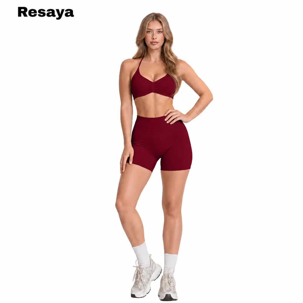 Resaya Women'S 2-Piece Seamless Sports Set - Open Back Halter Neck Snug Support Bra and BBL Booty Biker Shorts, Workout Sets Women, Sohochic