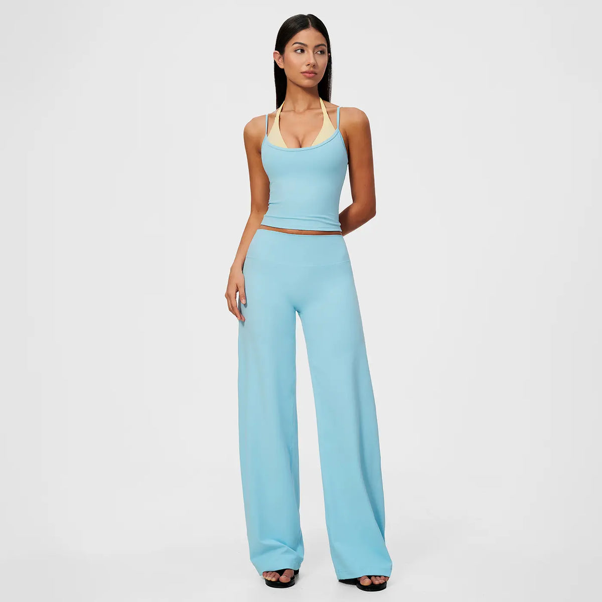Women'S 2-Piece Color-Block Halter Athletic Set - Sleeveless Yoga Tank Top with Thin Straps, Open Back, Built-In Bra Pads, High-Waisted Butt-Lifting Wide-Leg Long Pants for Female All-Season Workout & Yoga Wear