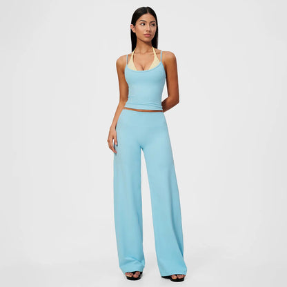 Women'S 2-Piece Color-Block Halter Athletic Set - Sleeveless Yoga Tank Top with Thin Straps, Open Back, Built-In Bra Pads, High-Waisted Butt-Lifting Wide-Leg Long Pants for Female All-Season Workout & Yoga Wear