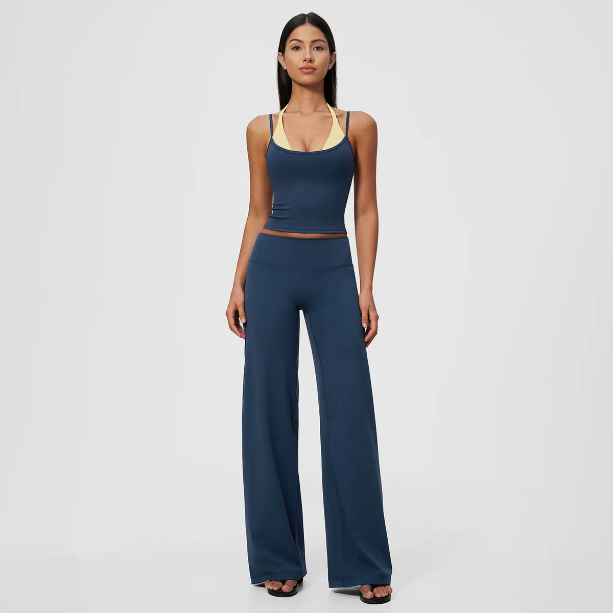 Women'S 2-Piece Color-Block Halter Athletic Set - Sleeveless Yoga Tank Top with Thin Straps, Open Back, Built-In Bra Pads, High-Waisted Butt-Lifting Wide-Leg Long Pants for Female All-Season Workout & Yoga Wear