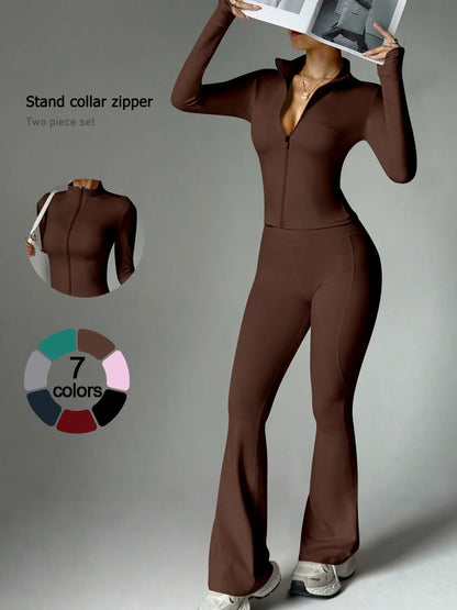 2 Piece Set Women'S Activewear Set, Full Zipper Stand Collar Long Sleeve Jacket with Thumbholes, High‑Waisted Flared Pants, Versatile New Sportswear for Yoga, Gym, Running and Daily Casual Wear, Stylish Casual Tracksuit