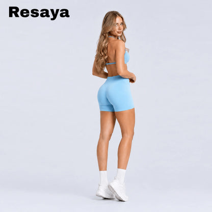 Resaya Women'S 2-Piece Seamless Sports Set - Open Back Halter Neck Snug Support Bra and BBL Booty Biker Shorts, Workout Sets Women, Sohochic