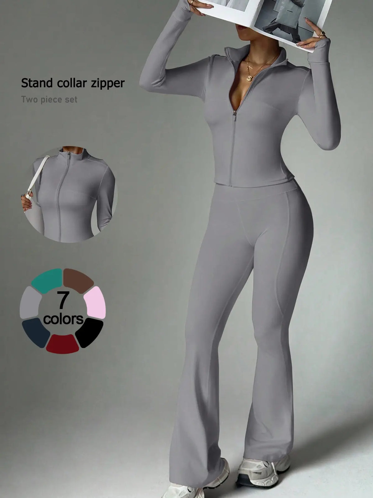 2 Piece Set Women'S Activewear Set, Full Zipper Stand Collar Long Sleeve Jacket with Thumbholes, High‑Waisted Flared Pants, Versatile New Sportswear for Yoga, Gym, Running and Daily Casual Wear, Stylish Casual Tracksuit