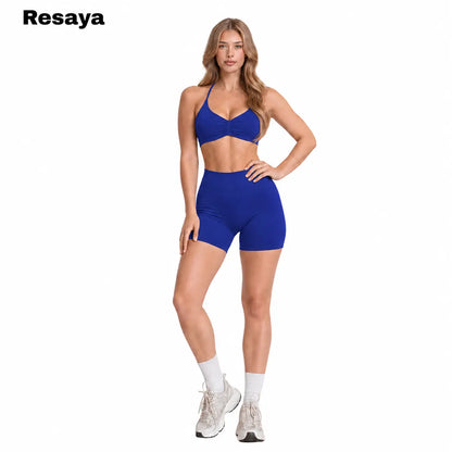 Resaya Women'S 2-Piece Seamless Sports Set - Open Back Halter Neck Snug Support Bra and BBL Booty Biker Shorts, Workout Sets Women, Sohochic