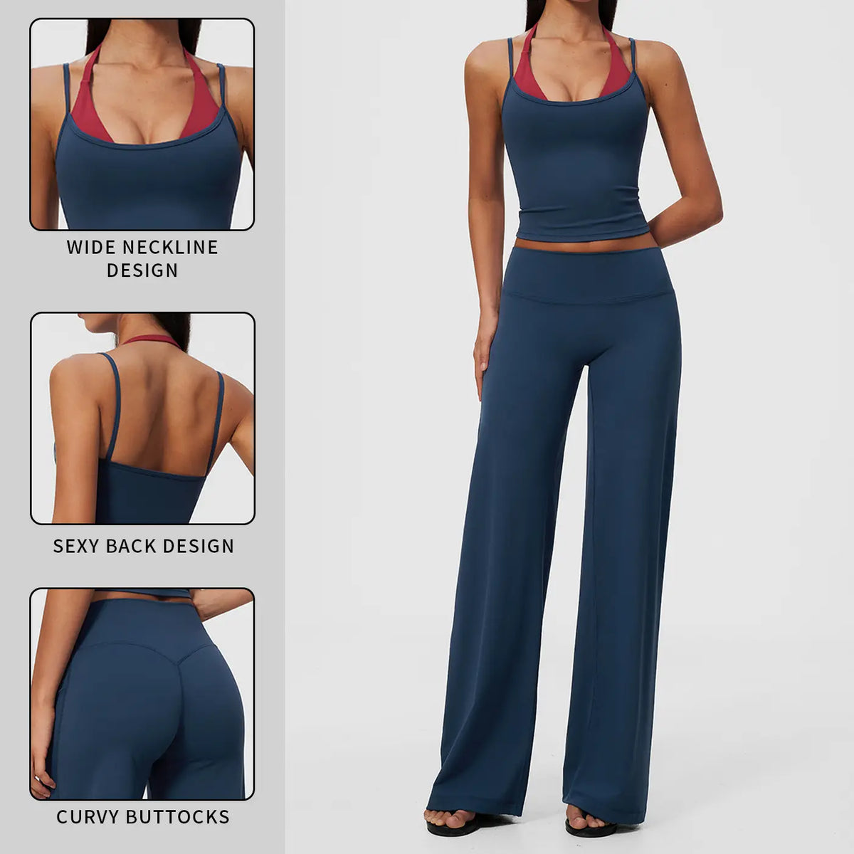Women'S 2-Piece Color-Block Halter Athletic Set - Sleeveless Yoga Tank Top with Thin Straps, Open Back, Built-In Bra Pads, High-Waisted Butt-Lifting Wide-Leg Long Pants for Female All-Season Workout & Yoga Wear