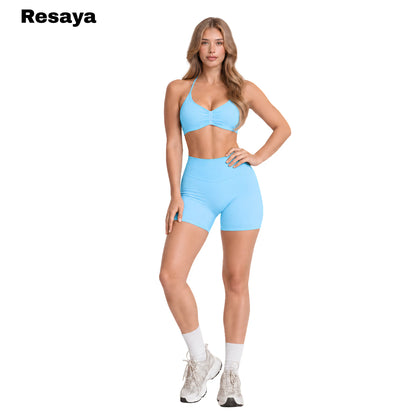 Resaya Women'S 2-Piece Seamless Sports Set - Open Back Halter Neck Snug Support Bra and BBL Booty Biker Shorts, Workout Sets Women, Sohochic