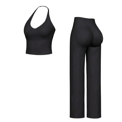 Women’S 2-Piece Plain Sleeveless Crop Top & Flare Leg Pants Set - Nylon Knit 4-Way Soft Stretch Activewear, Breathable Casual Sportswear Outfit, Fitted Yoga Set for Gym & Home Wear, OL Style Pullover