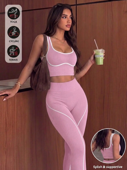 Women'S 2-Piece Sporty Yoga Set, Seamless Design, Breathable Sports Tank Top, High-Waisted Leggings, Ideal for Yoga, Running, and Workouts, Gym Workout Sets