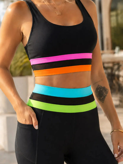 POPVIL Women'S 2-Piece Neon Colorblock Everyday Active Yoga Set - High-Waisted Above-Ankle Leggings with Pockets, Sleeveless Sports Bra Tank Top, Mesh Patchwork, Casual Sportswear Outfit