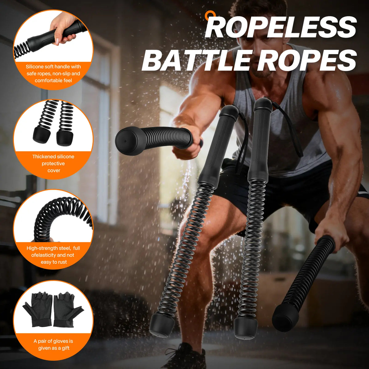Cordless Battle Ropes with Adjustable Resistance Springs - Weighted Ropeless Battle Rope for Home Gym Exercise, Portable Workout Equipment for Strength Training & Cardio Fitness