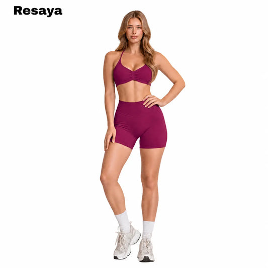Resaya Women'S 2-Piece Seamless Sports Set - Open Back Halter Neck Snug Support Bra and BBL Booty Biker Shorts, Workout Sets Women, Sohochic