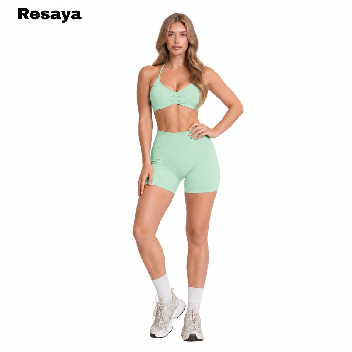 Resaya Women'S 2-Piece Seamless Sports Set - Open Back Halter Neck Snug Support Bra and BBL Booty Biker Shorts, Workout Sets Women, Sohochic