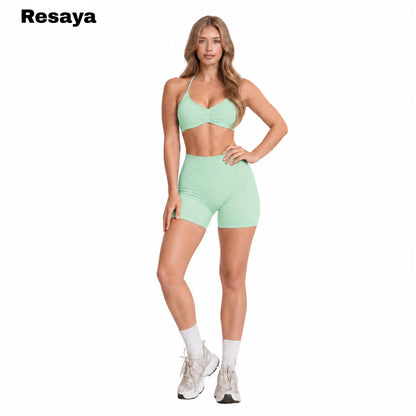 Resaya Women'S 2-Piece Seamless Sports Set - Open Back Halter Neck Snug Support Bra and BBL Booty Biker Shorts, Workout Sets Women, Sohochic