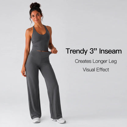 Women’S 2-Piece Plain Sleeveless Crop Top & Flare Leg Pants Set - Nylon Knit 4-Way Soft Stretch Activewear, Breathable Casual Sportswear Outfit, Fitted Yoga Set for Gym & Home Wear, OL Style Pullover