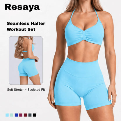 Resaya Women'S 2-Piece Seamless Sports Set - Open Back Halter Neck Snug Support Bra and BBL Booty Biker Shorts, Workout Sets Women, Sohochic