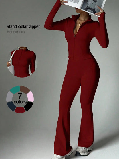 2 Piece Set Women'S Activewear Set, Full Zipper Stand Collar Long Sleeve Jacket with Thumbholes, High‑Waisted Flared Pants, Versatile New Sportswear for Yoga, Gym, Running and Daily Casual Wear, Stylish Casual Tracksuit