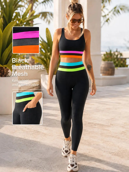 POPVIL Women'S 2-Piece Neon Colorblock Everyday Active Yoga Set - High-Waisted Above-Ankle Leggings with Pockets, Sleeveless Sports Bra Tank Top, Mesh Patchwork, Casual Sportswear Outfit