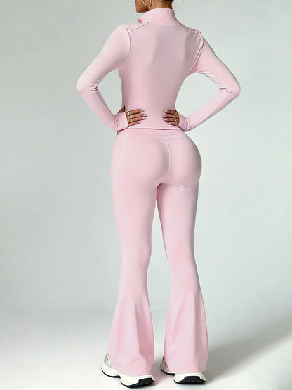 2 Piece Set Women'S Activewear Set, Full Zipper Stand Collar Long Sleeve Jacket with Thumbholes, High‑Waisted Flared Pants, Versatile New Sportswear for Yoga, Gym, Running and Daily Casual Wear, Stylish Casual Tracksuit