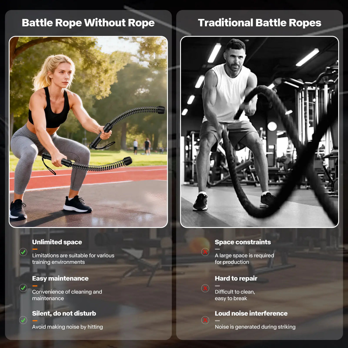 Cordless Battle Ropes with Adjustable Resistance Springs - Weighted Ropeless Battle Rope for Home Gym Exercise, Portable Workout Equipment for Strength Training & Cardio Fitness