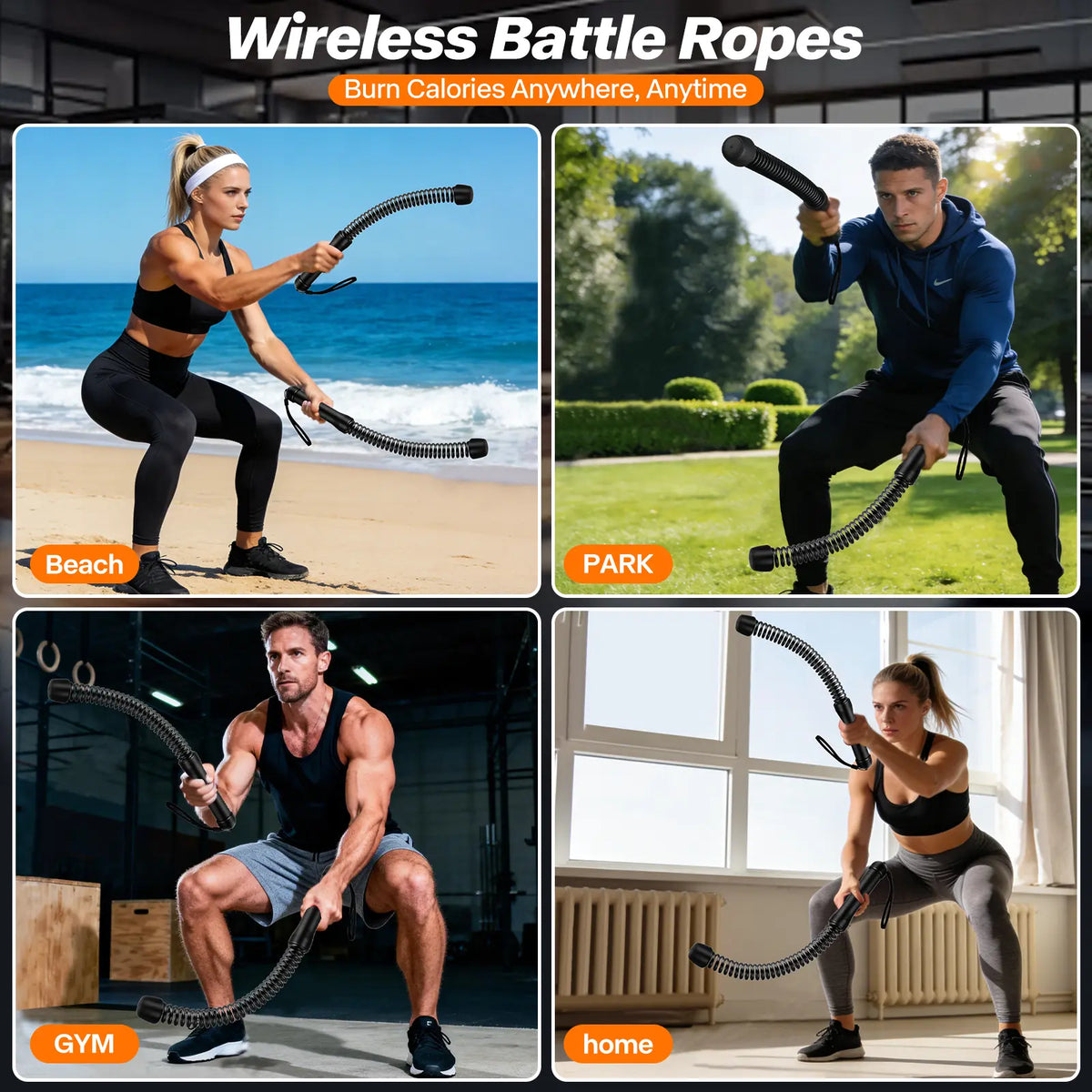 Cordless Battle Ropes with Adjustable Resistance Springs - Weighted Ropeless Battle Rope for Home Gym Exercise, Portable Workout Equipment for Strength Training & Cardio Fitness