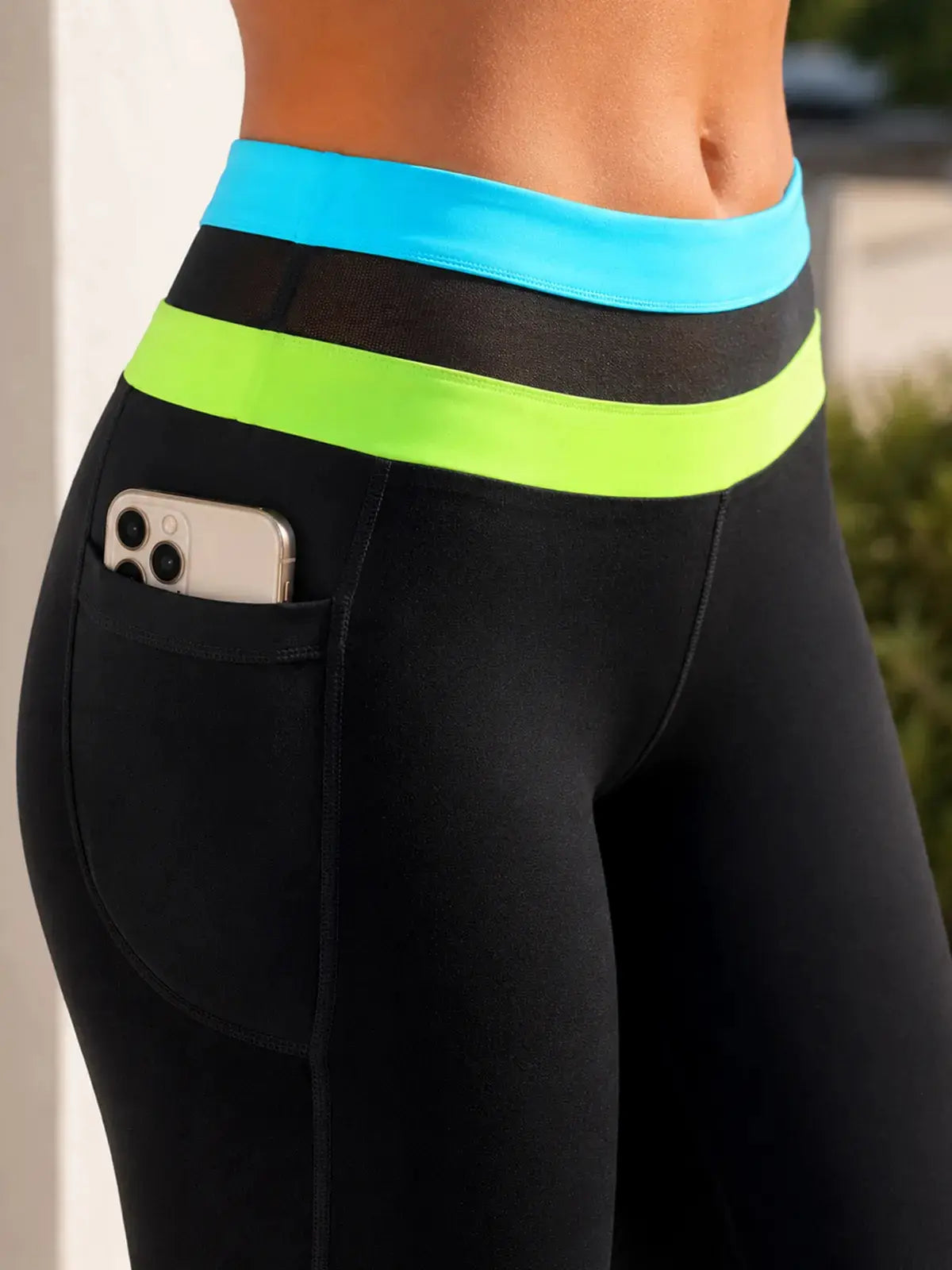 POPVIL Women'S 2-Piece Neon Colorblock Everyday Active Yoga Set - High-Waisted Above-Ankle Leggings with Pockets, Sleeveless Sports Bra Tank Top, Mesh Patchwork, Casual Sportswear Outfit