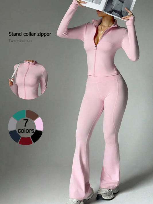 2 Piece Set Women'S Activewear Set, Full Zipper Stand Collar Long Sleeve Jacket with Thumbholes, High‑Waisted Flared Pants, Versatile New Sportswear for Yoga, Gym, Running and Daily Casual Wear, Stylish Casual Tracksuit